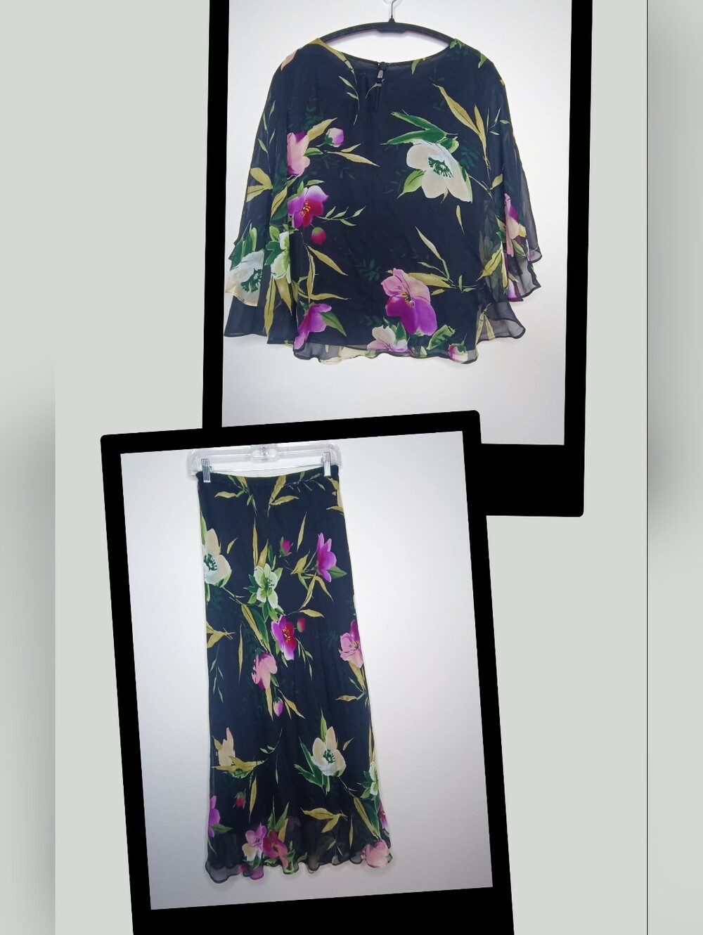 VTG Adrianna Papell 100% Silk Floral Dress Set Top Skirt 2pc Co-ord Size 10